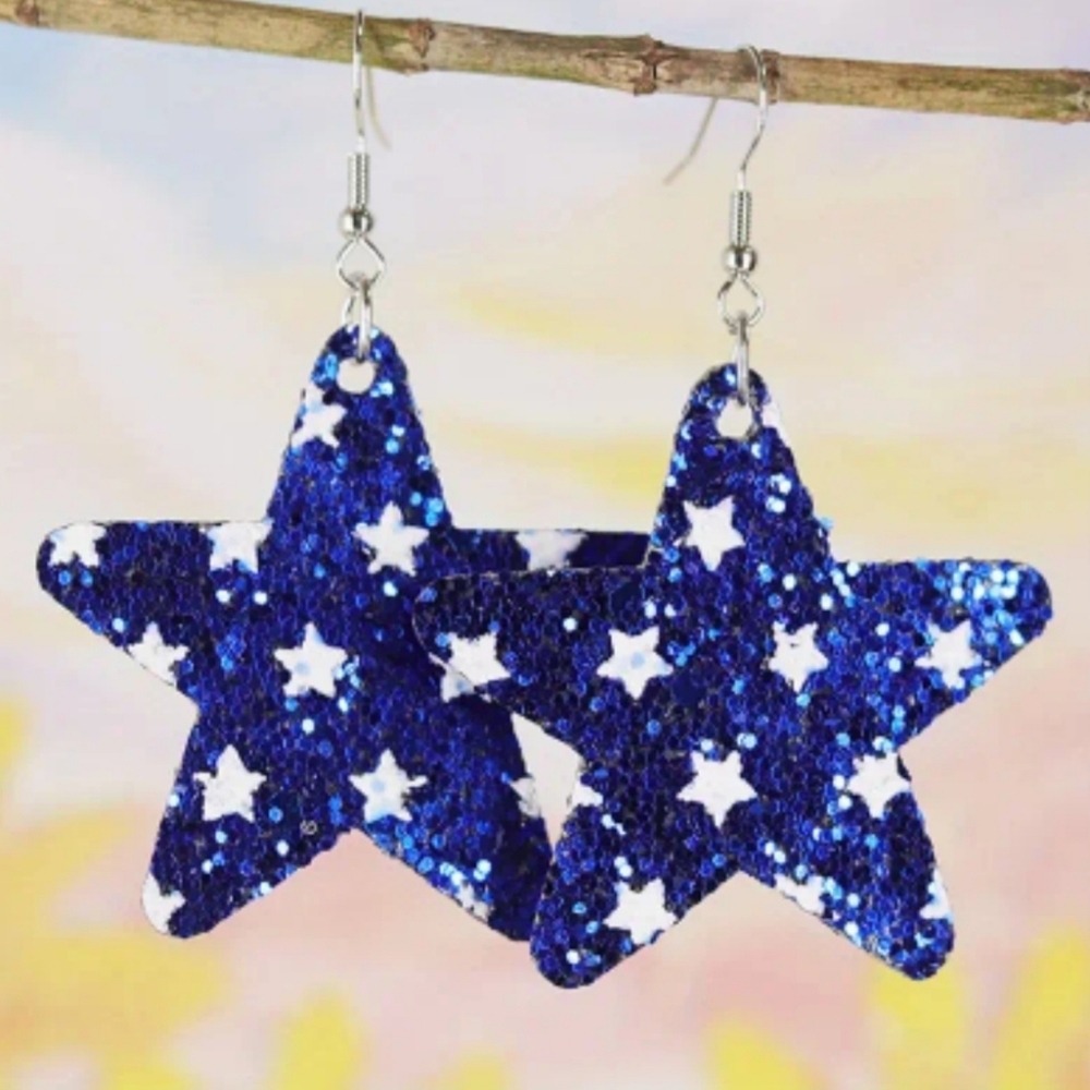 Blue & White Glitter Star 1" Earrings